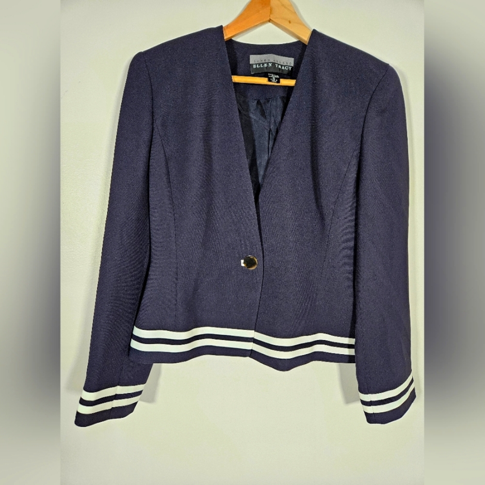 Linda Allard Ellen Tracy SZ 12 Blazer Navy Nautical Career Wear Stripe Accent